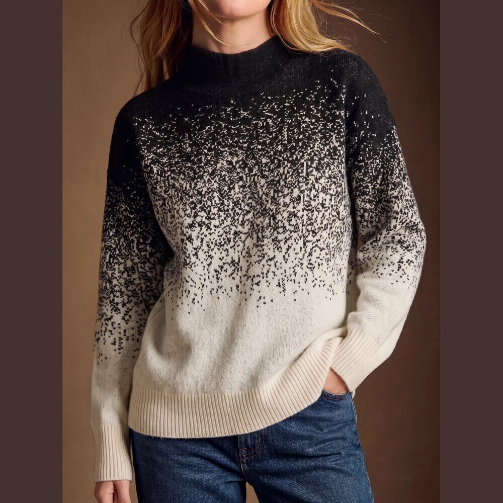 Black Cream Ombre Speckled Knit Mock Neck Collar Long Sleeve Sweater
